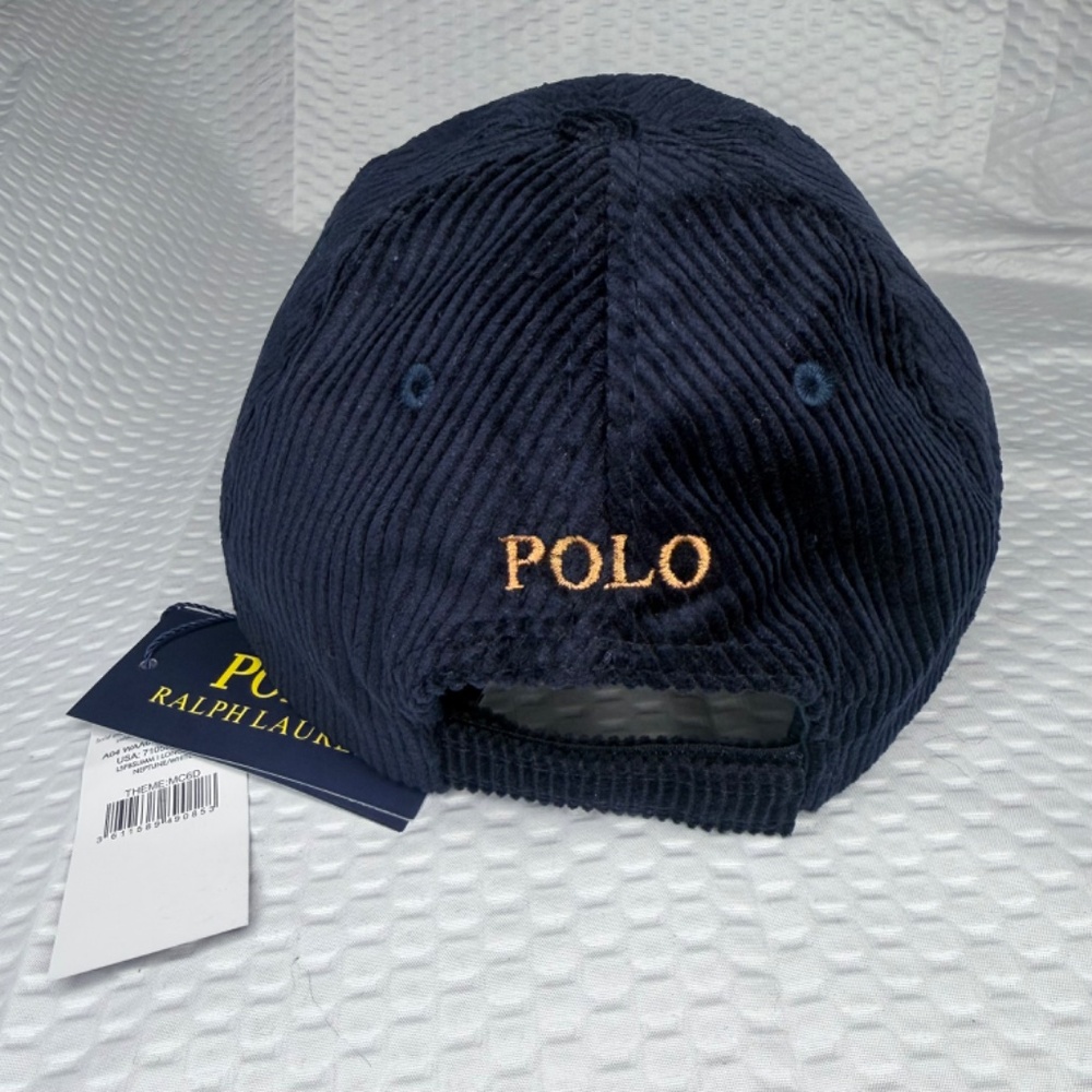 AUTHENTIC POLO RALPH LAUREN CORDUROY CAP NAVY BLUE UNISEX ONE SIZE M/L VINTAGE - Picture 4 of 5